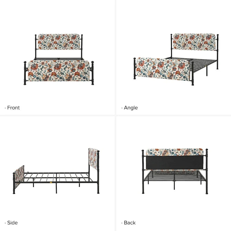 62 Floral Pattern Upholstered Platform Metal Bed Frame with Washable Bed Sheet