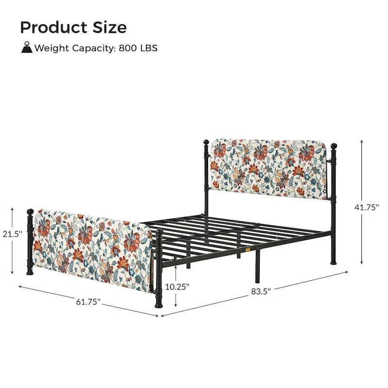 62 Floral Pattern Upholstered Platform Metal Bed Frame with Washable Bed Sheet