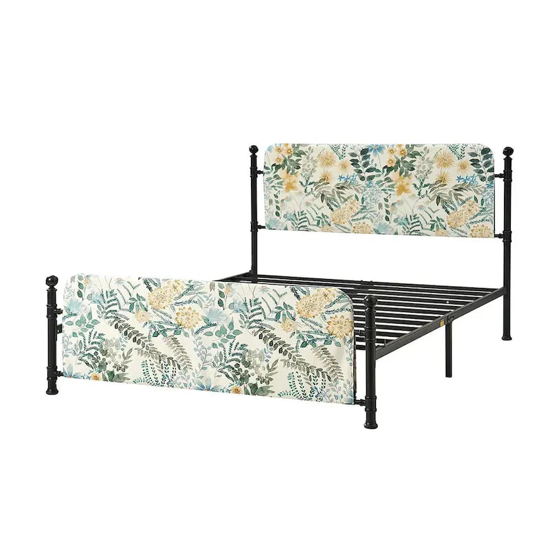 62 Floral Pattern Upholstered Platform Metal Bed Frame with Washable Bed Sheet