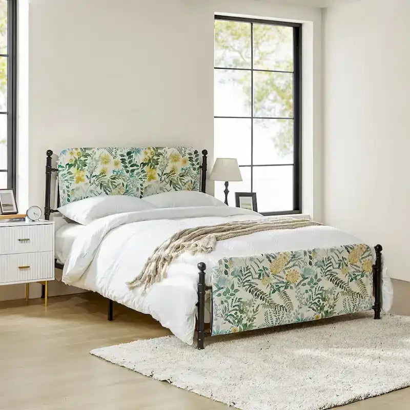 62 Floral Pattern Upholstered Platform Metal Bed Frame with Washable Bed Sheet