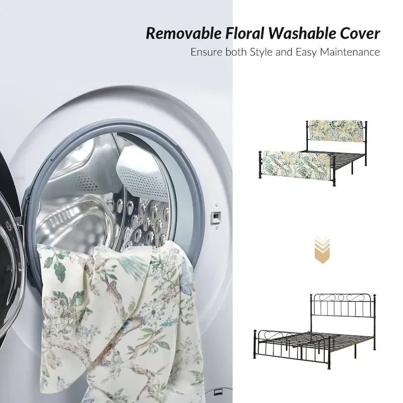62 Floral Pattern Upholstered Platform Metal Bed Frame with Washable Bed Sheet