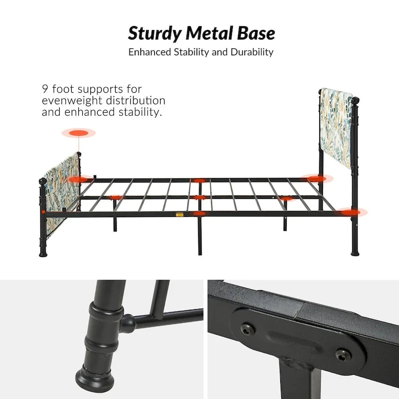 62 Floral Pattern Upholstered Platform Metal Bed Frame with Washable Bed Sheet