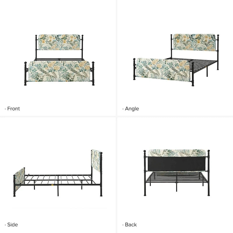 62 Floral Pattern Upholstered Platform Metal Bed Frame with Washable Bed Sheet