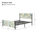 62 Floral Pattern Upholstered Platform Metal Bed Frame with Washable Bed Sheet