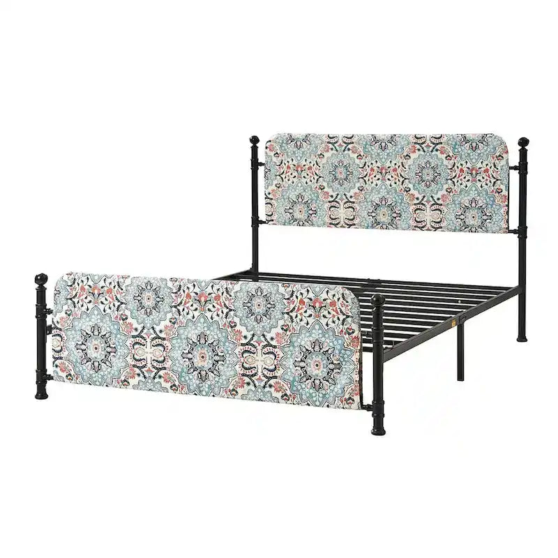 62 Floral Pattern Upholstered Platform Metal Bed Frame with Washable Bed Sheet