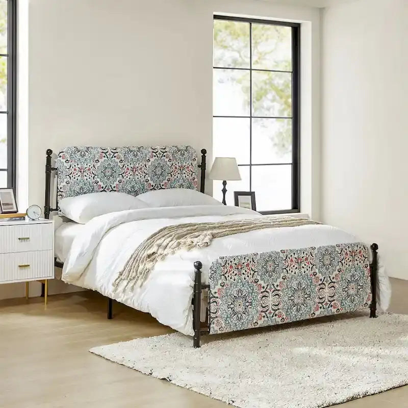 62 Floral Pattern Upholstered Platform Metal Bed Frame with Washable Bed Sheet