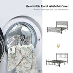 62 Floral Pattern Upholstered Platform Metal Bed Frame with Washable Bed Sheet
