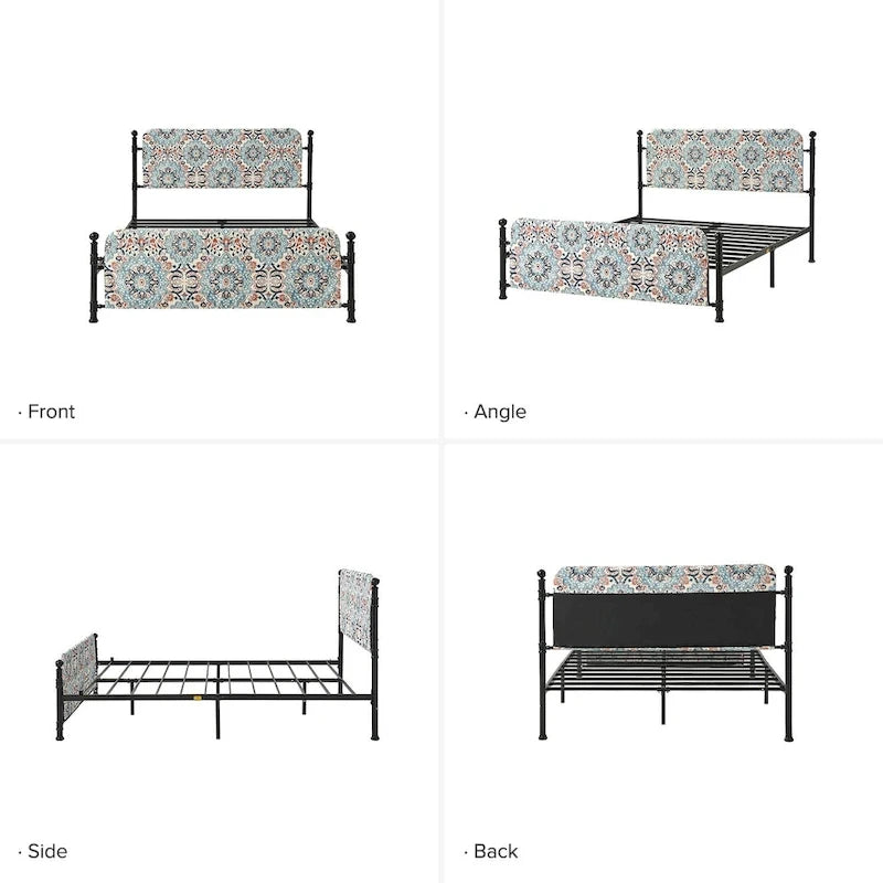 62 Floral Pattern Upholstered Platform Metal Bed Frame with Washable Bed Sheet