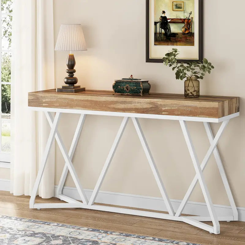 55 Inch Wood Console Table, Sofa Table Entryway Table with Unique Metal Legs