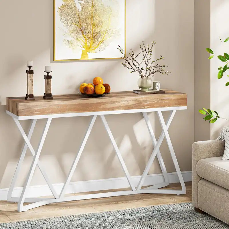55 Inch Wood Console Table, Sofa Table Entryway Table with Unique Metal Legs