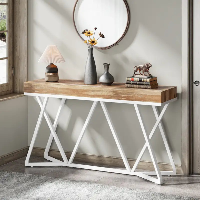 55 Inch Wood Console Table, Sofa Table Entryway Table with Unique Metal Legs