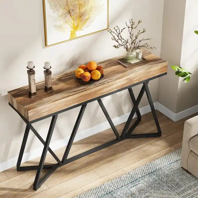 55 Inch Wood Console Table, Sofa Table Entryway Table with Unique Metal Legs