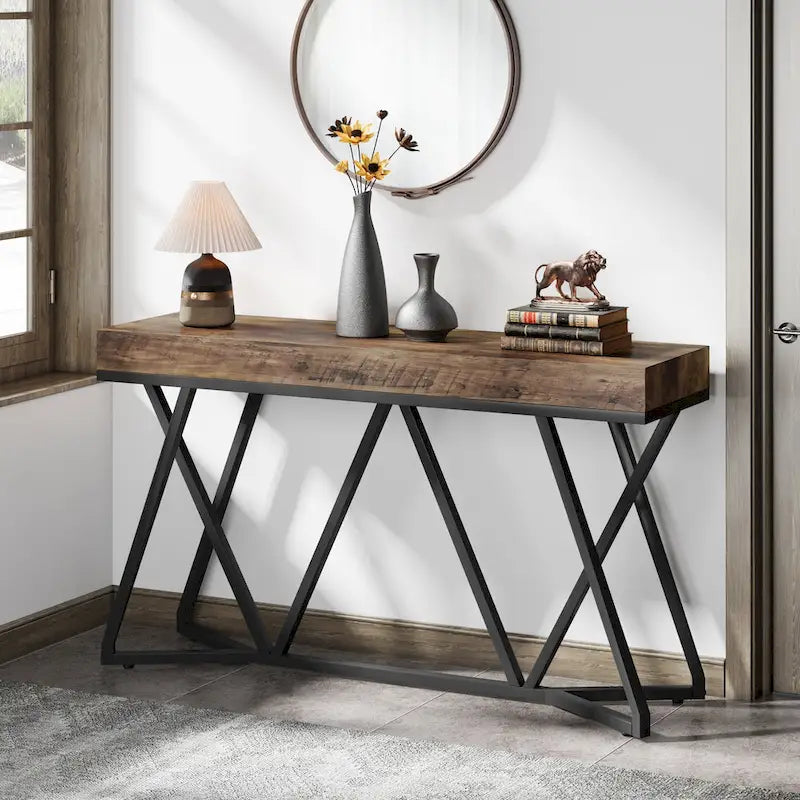 55 Inch Wood Console Table, Sofa Table Entryway Table with Unique Metal Legs