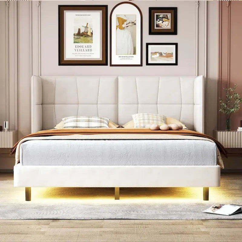 Upholstered Platform Bed with LED Lights and U-Shaped Headboard