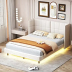 Upholstered Platform Bed with LED Lights and U-Shaped Headboard