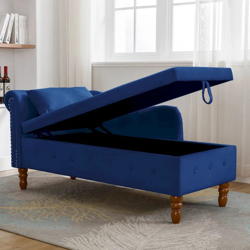 Chaise Lounge Indoor,Velvet Lounge Chair for Bedroom with Storage & Pillow,Modern Upholstered Rolled Arm Chase Lounge