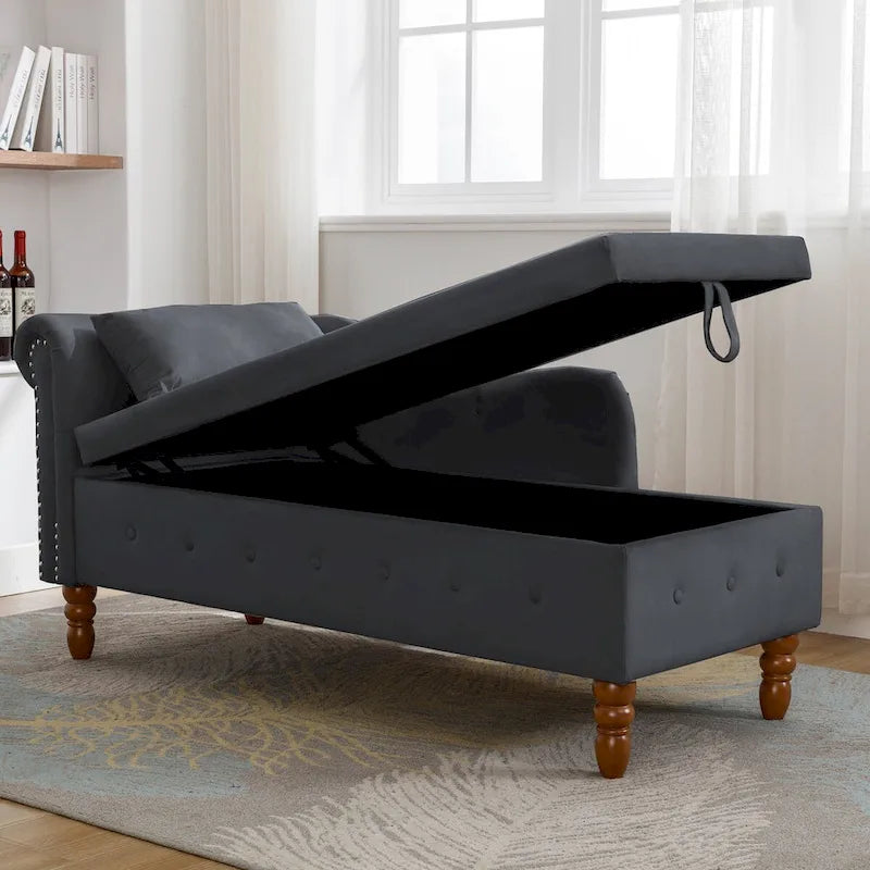Chaise Lounge Indoor,Velvet Lounge Chair for Bedroom with Storage & Pillow,Modern Upholstered Rolled Arm Chase Lounge
