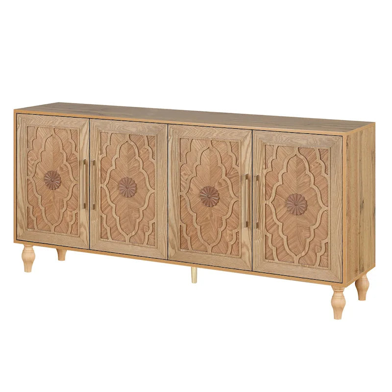 Carved Flower Door Large Storage Cabinet With Metal Handle