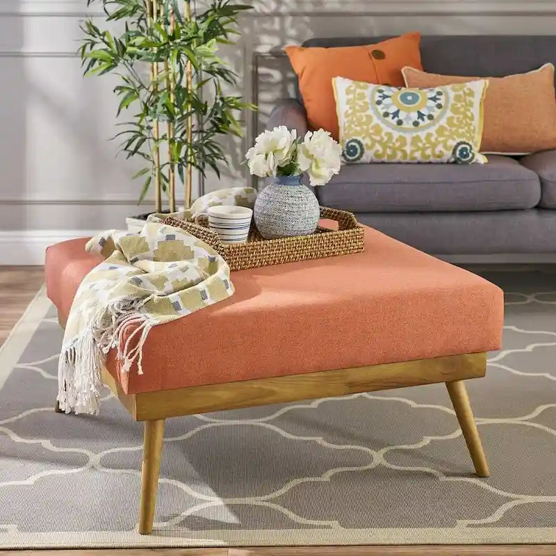 Coral Mid-Century Square Ottoman with Rubberwood Legs by 