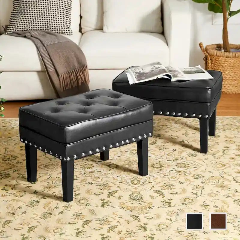  Set of 2 22W Leatherette Button-tufted Foot Stools Ottomans