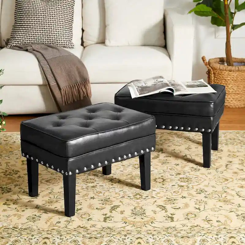 Set of 2 22W Leatherette Button-tufted Foot Stools Ottomans