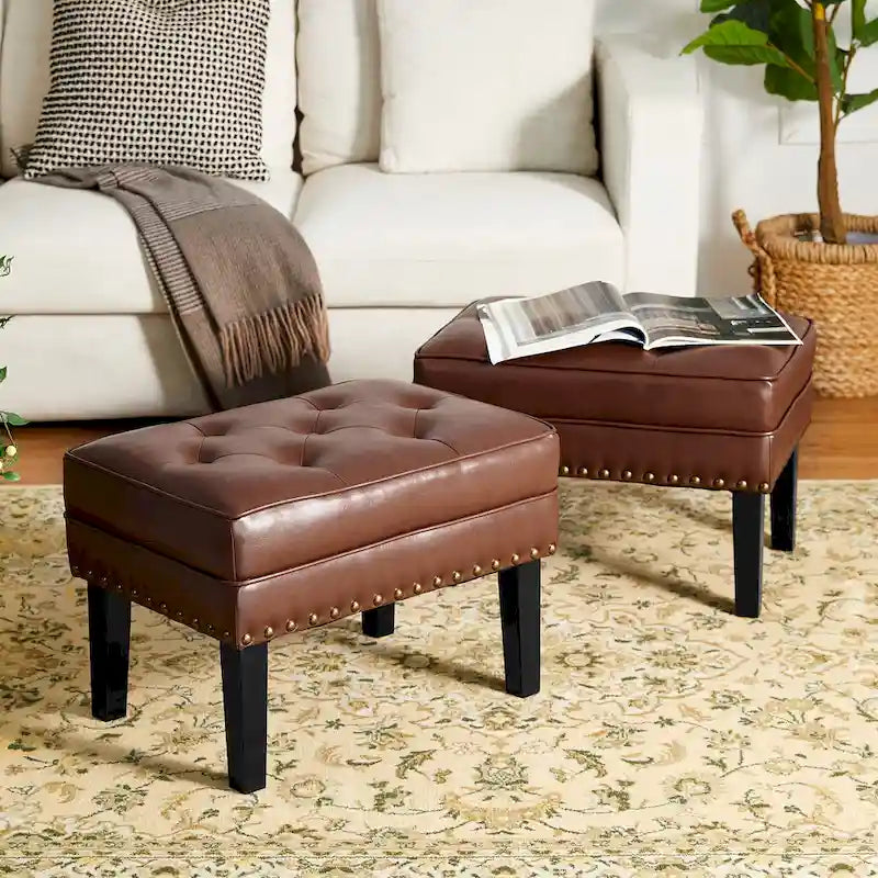 Set of 2 22W Leatherette Button-tufted Foot Stools Ottomans