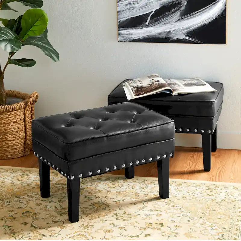 Set of 2 22W Leatherette Button-tufted Foot Stools Ottomans