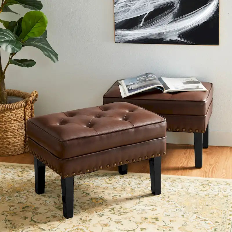 Set of 2 22W Leatherette Button-tufted Foot Stools Ottomans