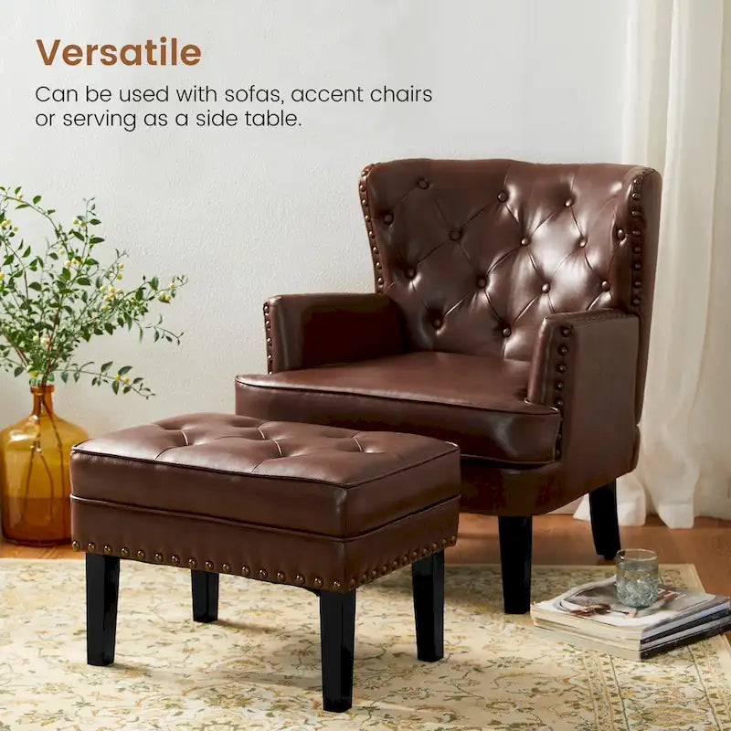 Set of 2 22W Leatherette Button-tufted Foot Stools Ottomans