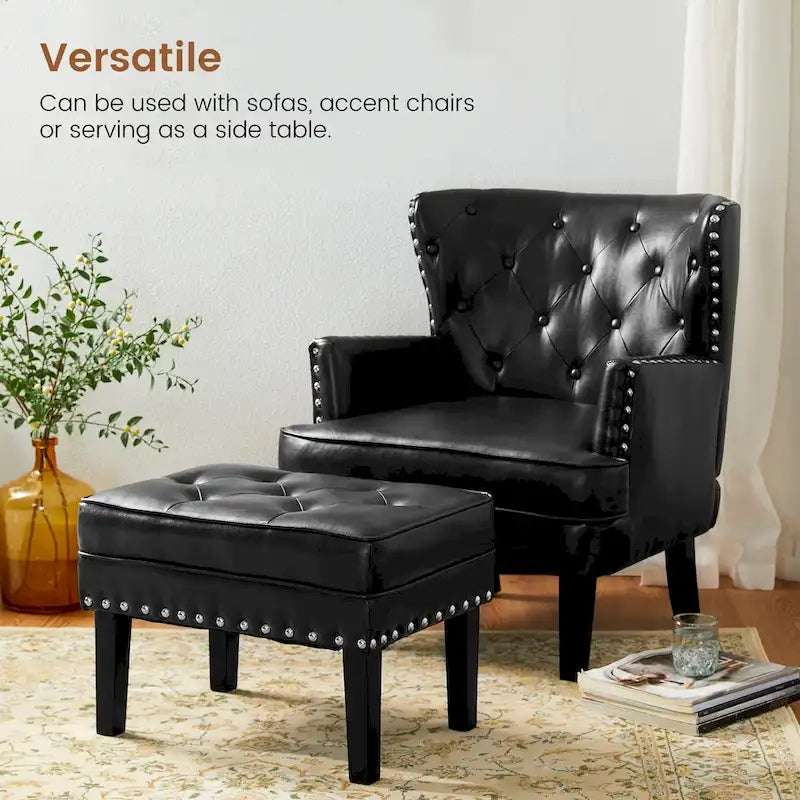 Set of 2 22W Leatherette Button-tufted Foot Stools Ottomans