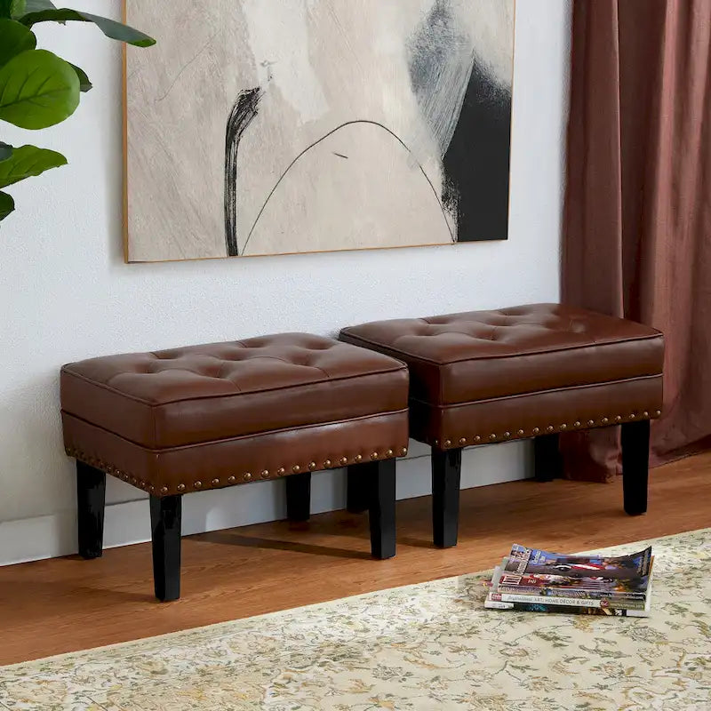 Set of 2 22W Leatherette Button-tufted Foot Stools Ottomans