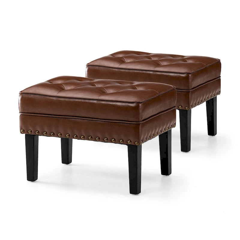 Set of 2 22W Leatherette Button-tufted Foot Stools Ottomans