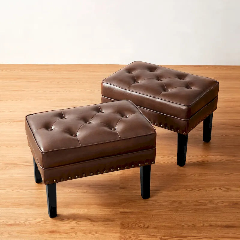 Set of 2 22W Leatherette Button-tufted Foot Stools Ottomans