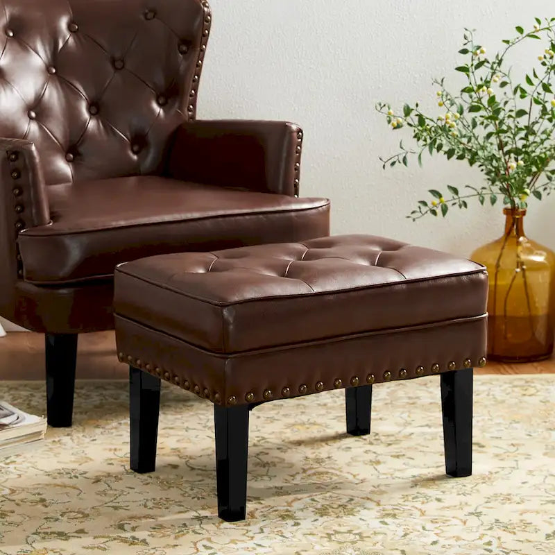 Set of 2 22W Leatherette Button-tufted Foot Stools Ottomans