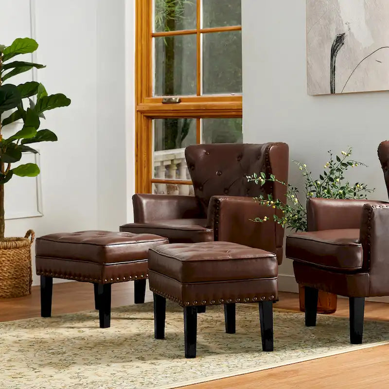 Set of 2 22W Leatherette Button-tufted Foot Stools Ottomans