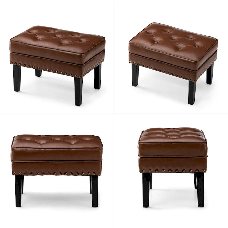 Set of 2 22W Leatherette Button-tufted Foot Stools Ottomans