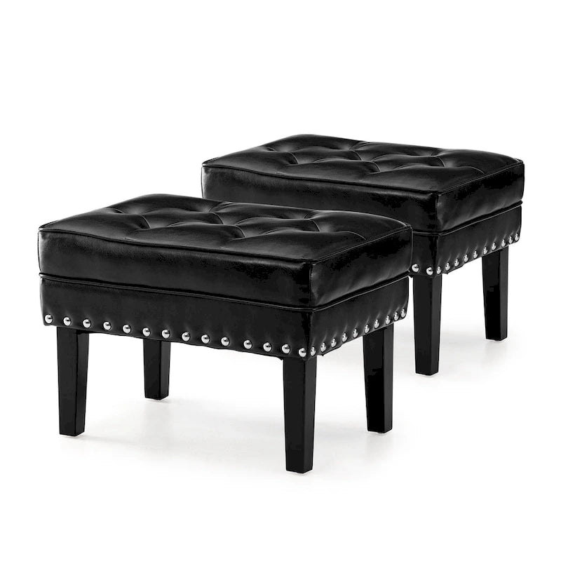 Set of 2 22W Leatherette Button-tufted Foot Stools Ottomans