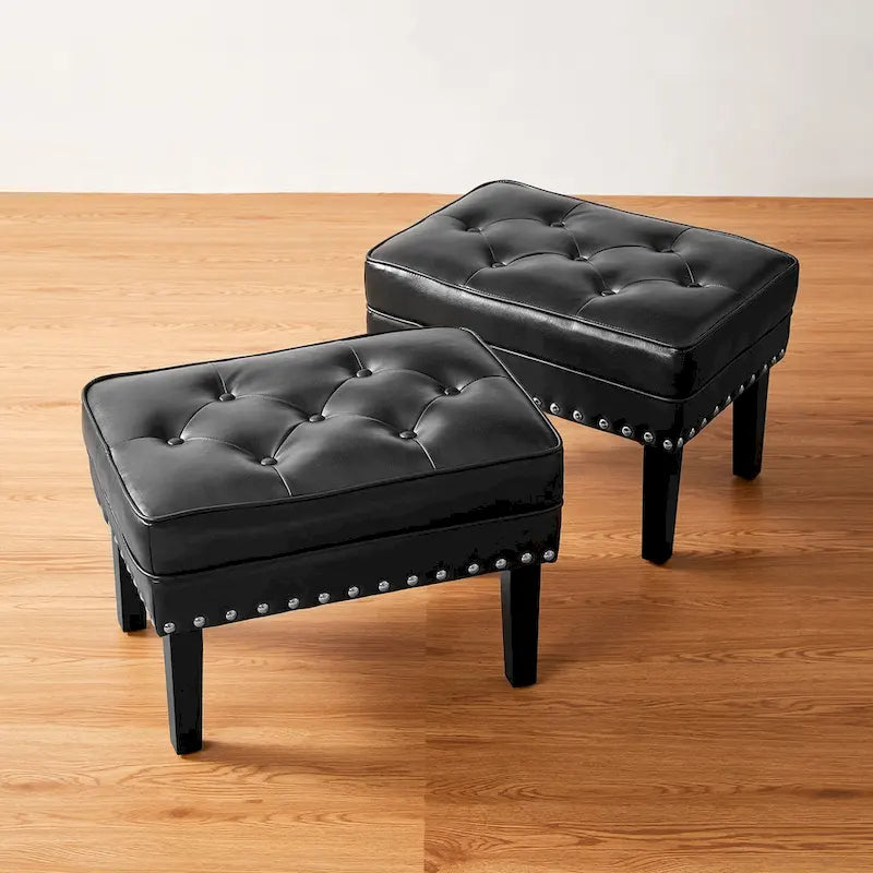 Set of 2 22W Leatherette Button-tufted Foot Stools Ottomans