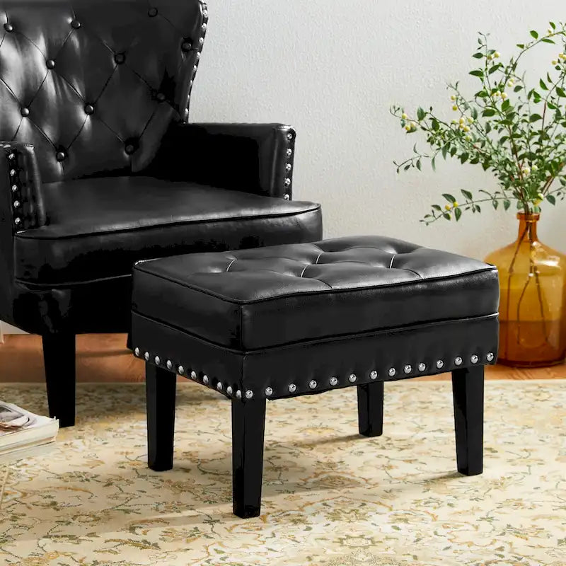 Set of 2 22W Leatherette Button-tufted Foot Stools Ottomans
